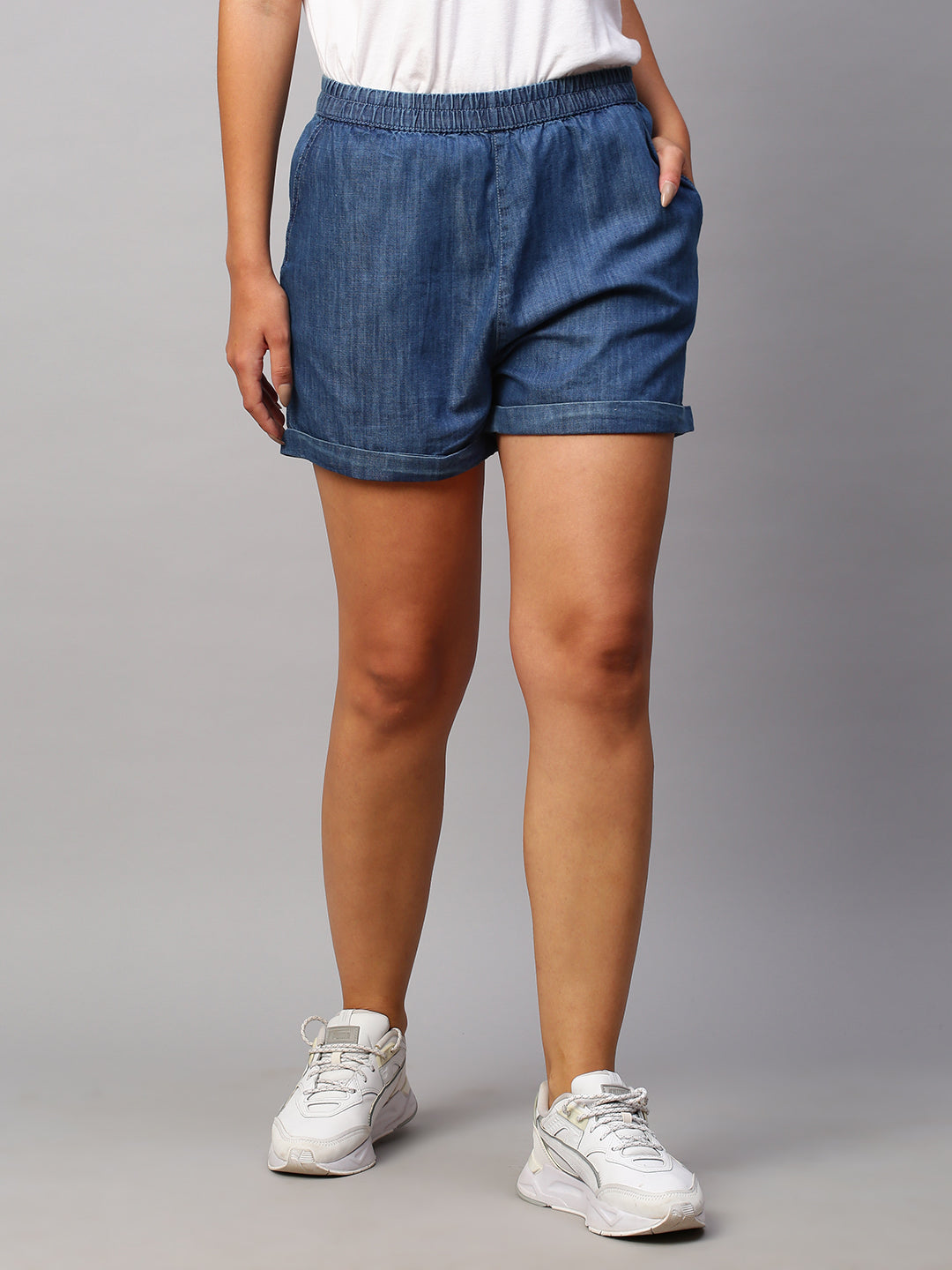 Women's Cotton Viscose Denim Blue Regular Fit Shorts