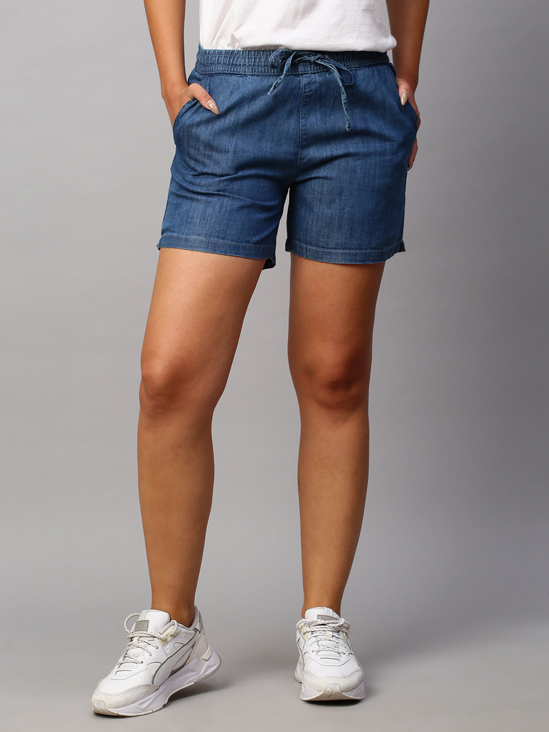Women's Denim Blue Cotton Viscose  Regular Fit Shorts