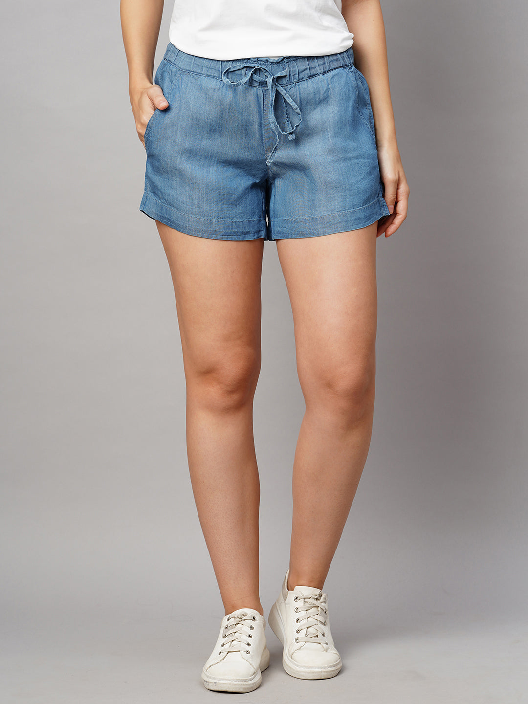 Women's Blue Tencel Regular Fit Shorts