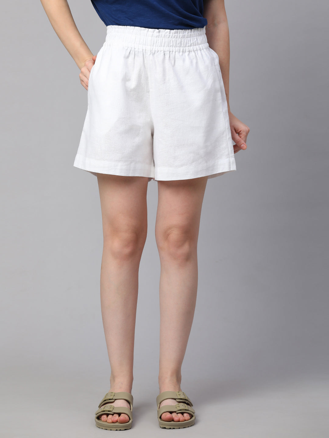 Women's White Linen Cotton Regular Fit Shorts