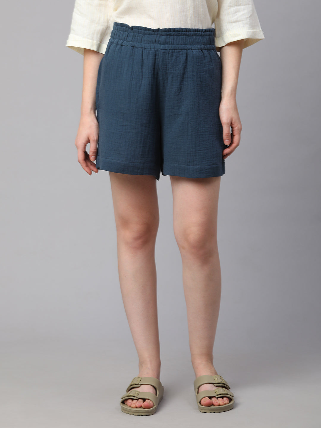 Women's Blue Cotton Regular Fit Shorts