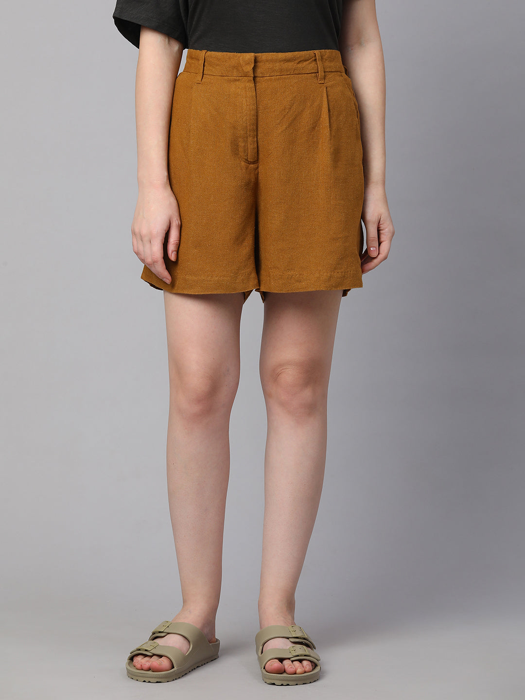 Women's Mustard Linen Viscose Regular Fit Shorts