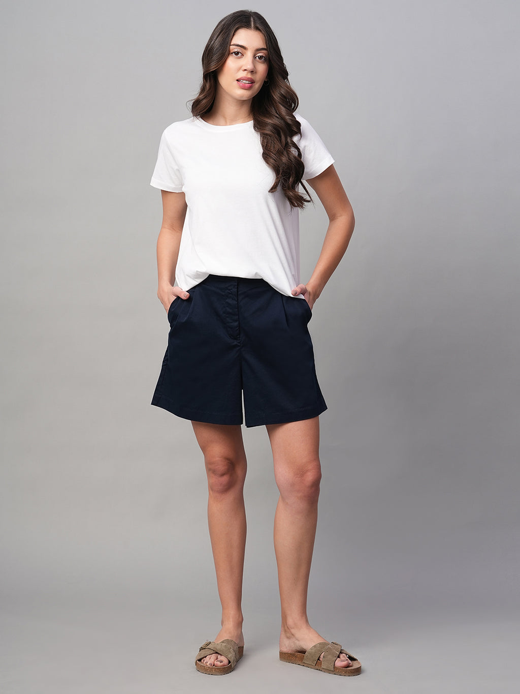 Women's Navy Cotton Lycra Regular Fit Shorts