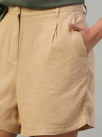 Women's Khaki Linen Viscose Regular Fit Shorts