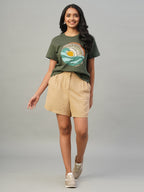 Women's Khaki Linen Viscose Regular Fit Shorts