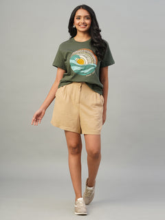 Women's Linen Viscose Regular Fit Shorts Khaki