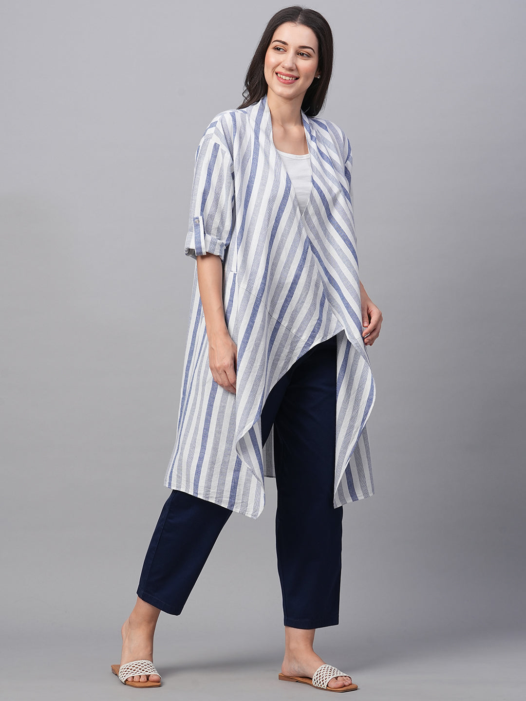 Women's Blue Cotton Linen Regular Fit Shrug