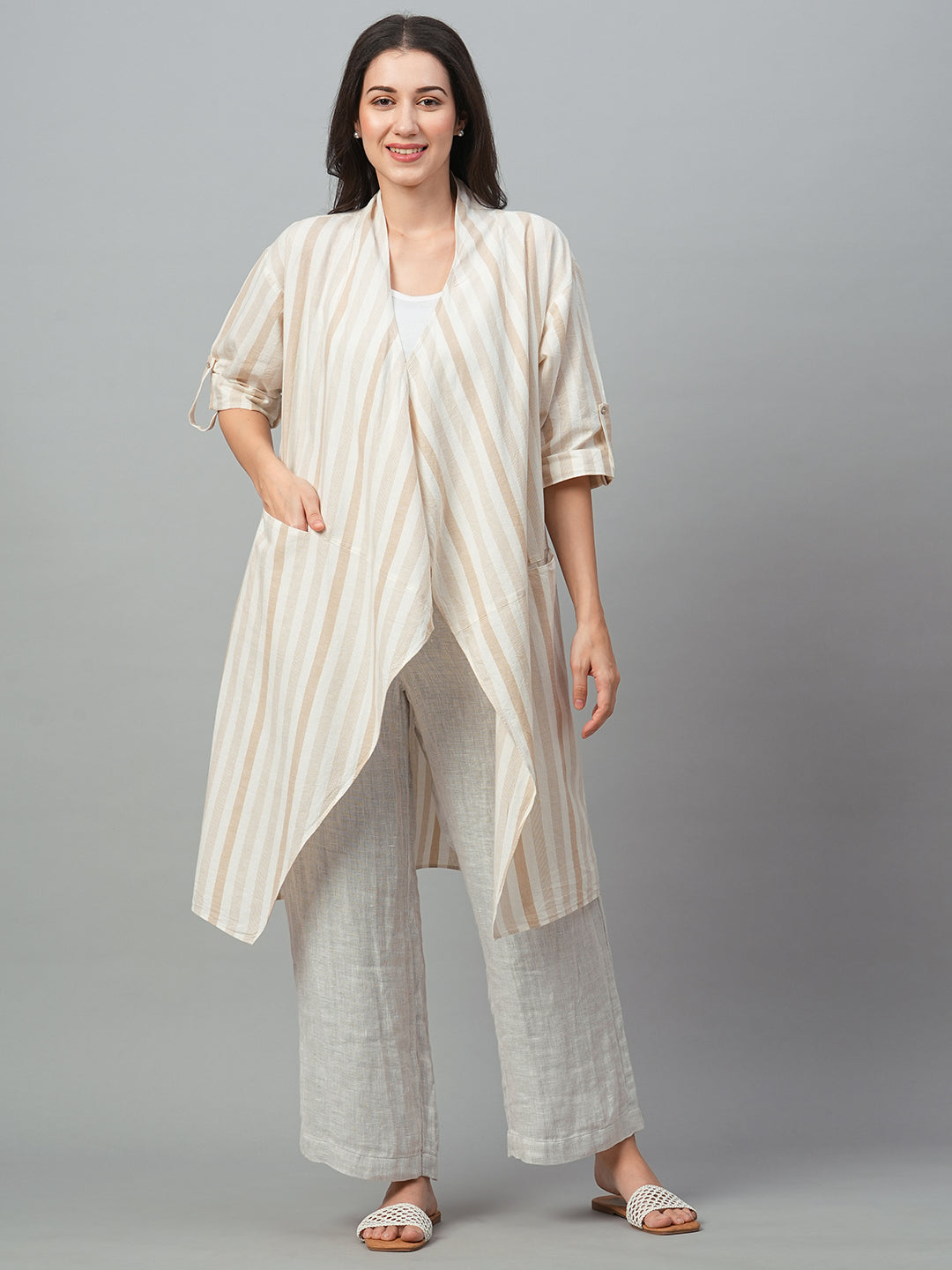 Women's Beige Cotton Linen Regular Fit Shrug