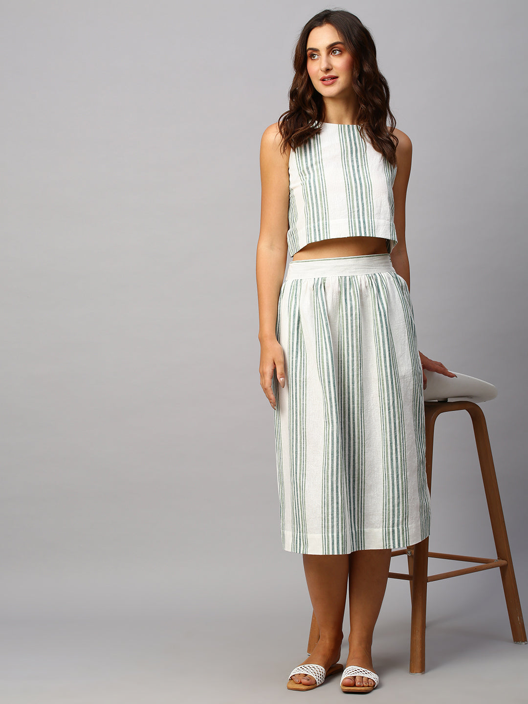 Women's Green Cotton Linen Regular Fit Skirt