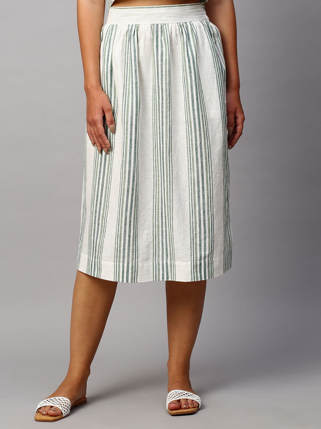 Women's Cotton Linen Green Regular Fit Skirt