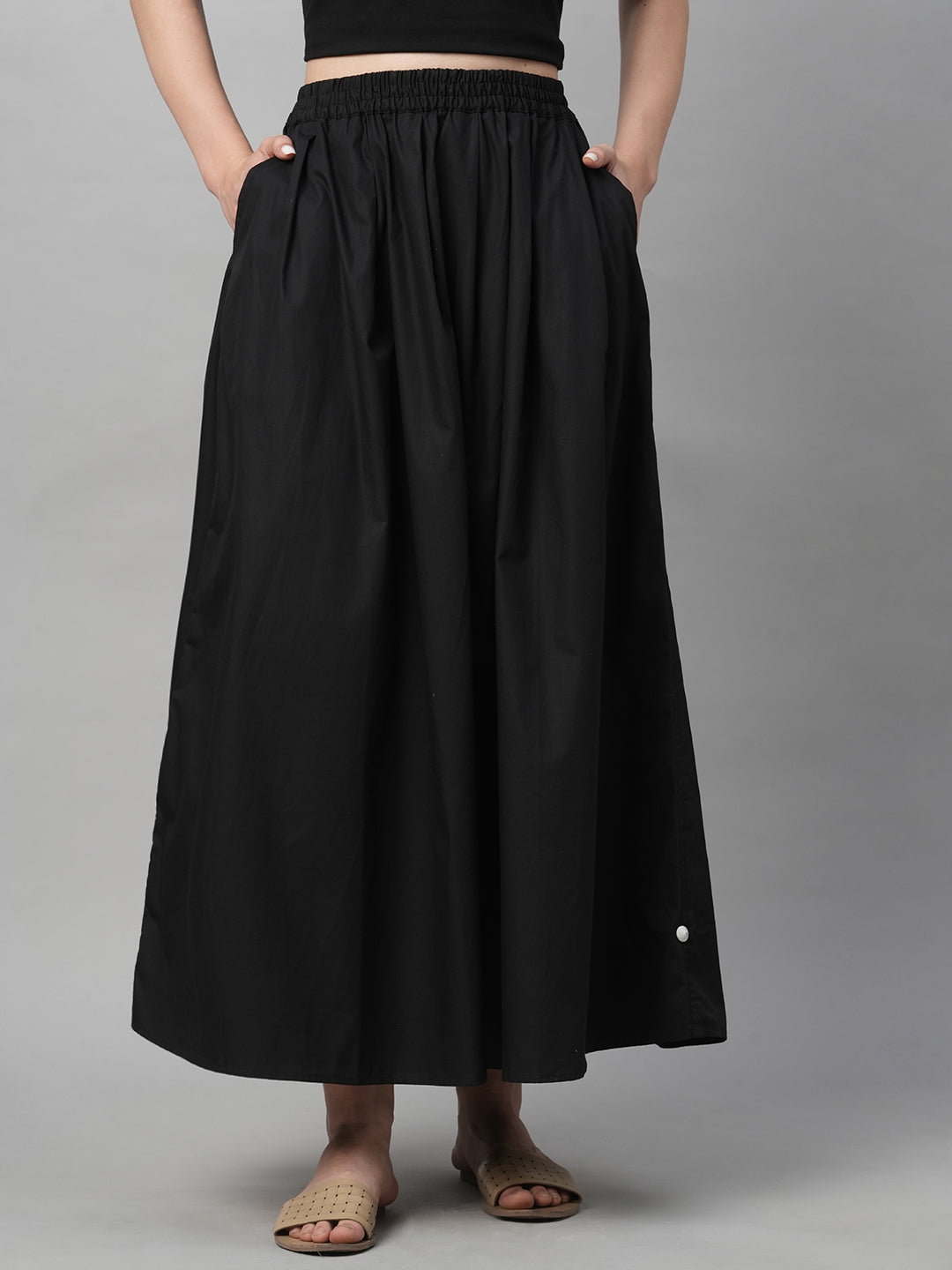 Women's Black Cotton Regular Fit Skirt