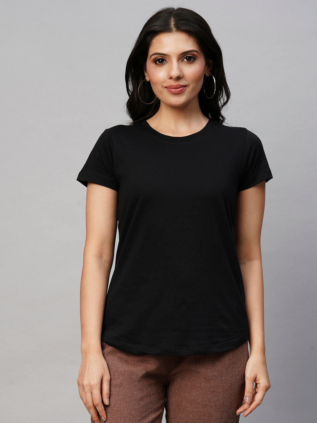 Women's Black Cotton Regular Fit Tshirt