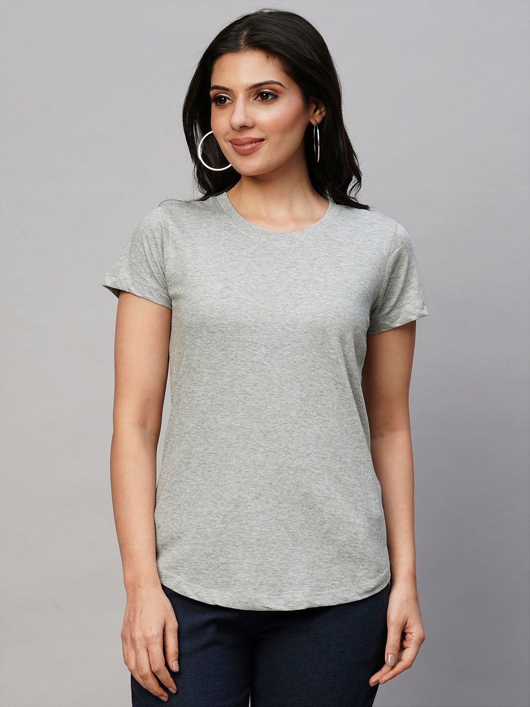Women's Cotton Grey Melan Regular Fit Tshirt