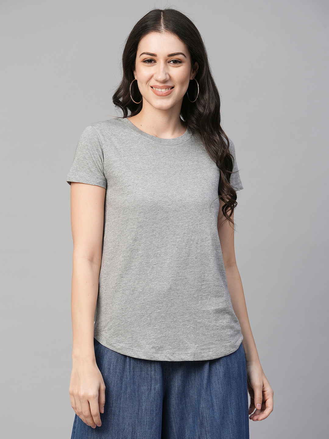 Women's Cotton Grey Melan Regular Fit Tshirt