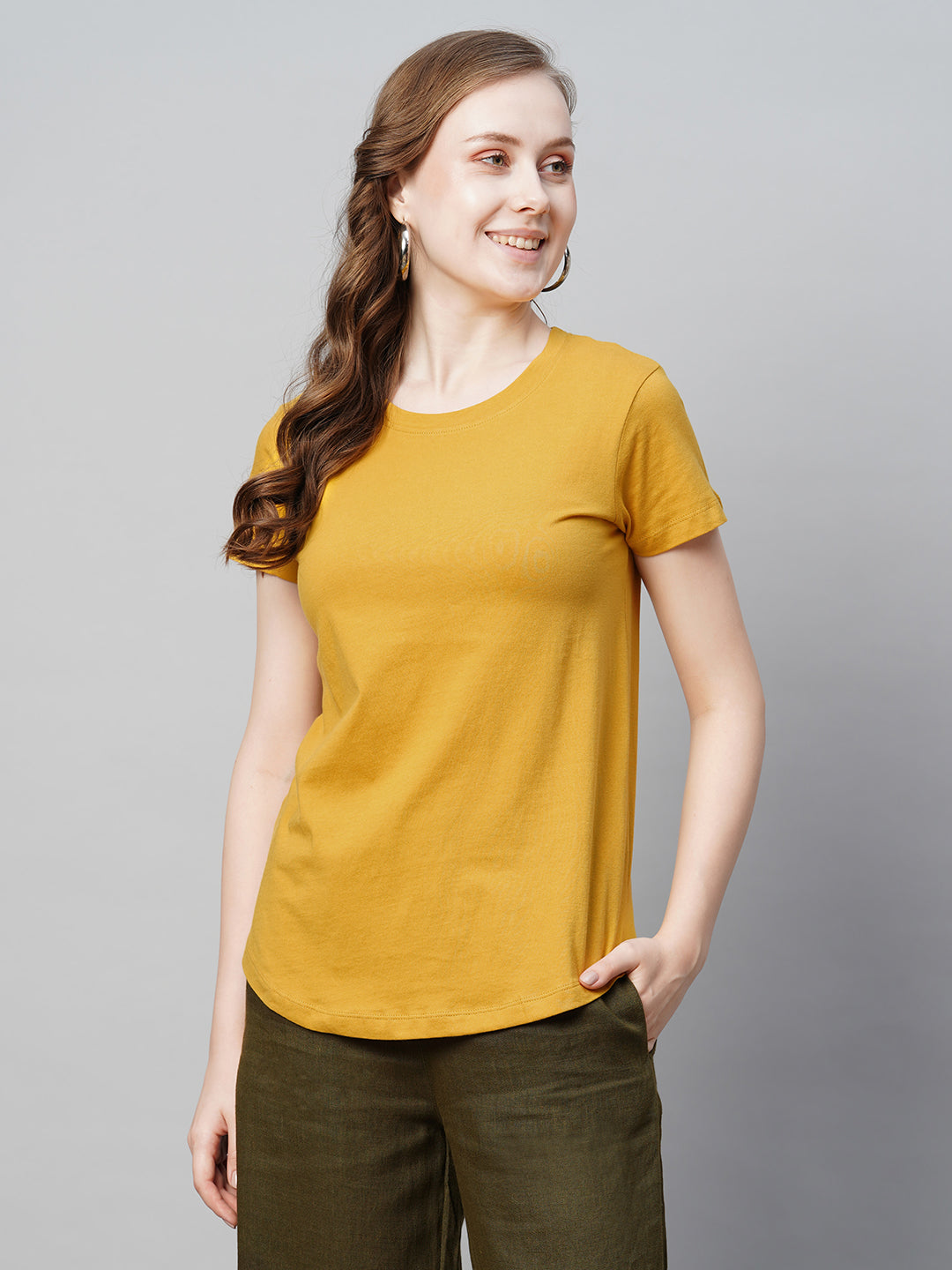 Women's Cotton Mustard Regular Fit Tshirt