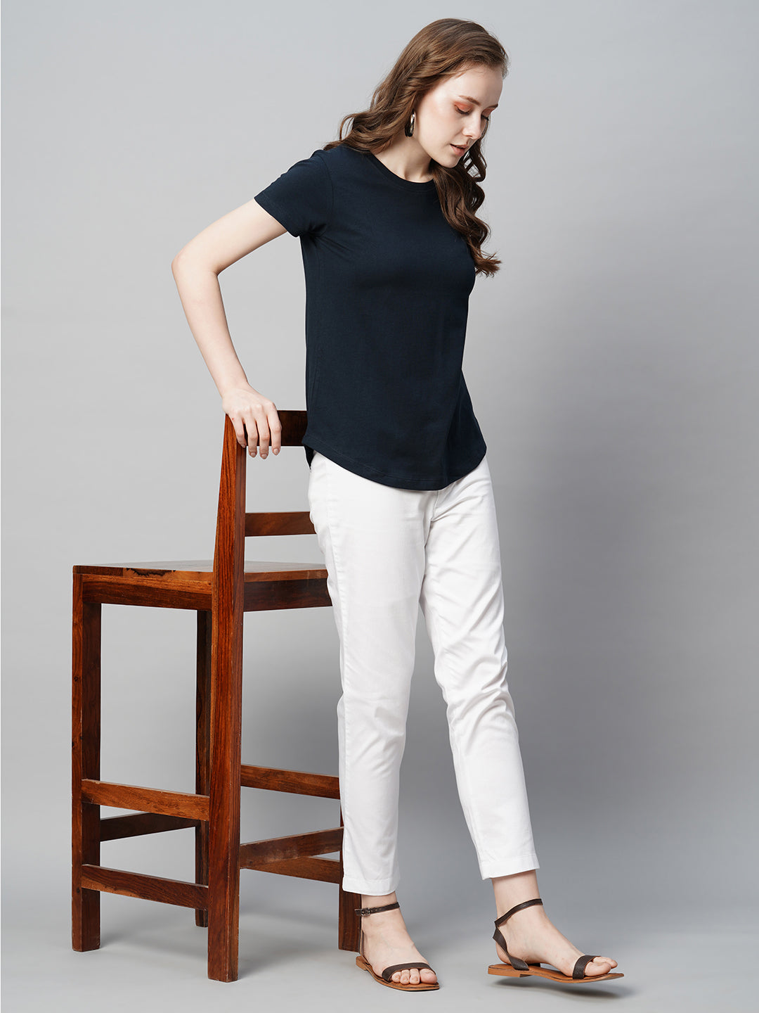 Women's Navy Cotton Regular Fit Tshirt