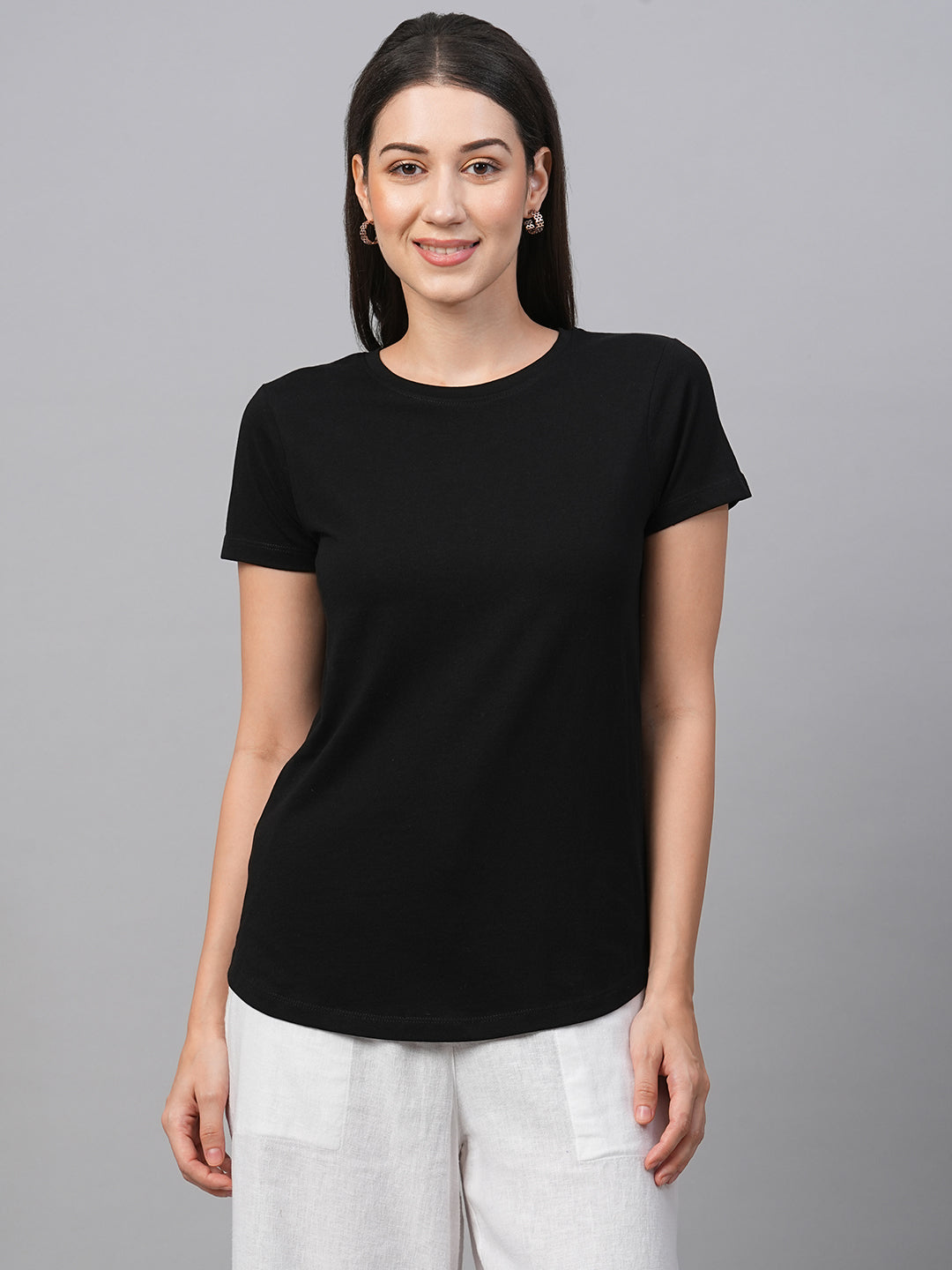 Women's Black Cotton Slim Fit Tshirt