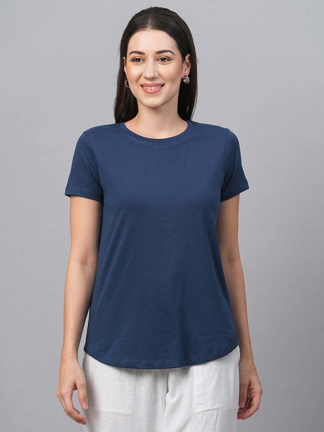 Women's Blue Cotton Regular Fit Tshirt