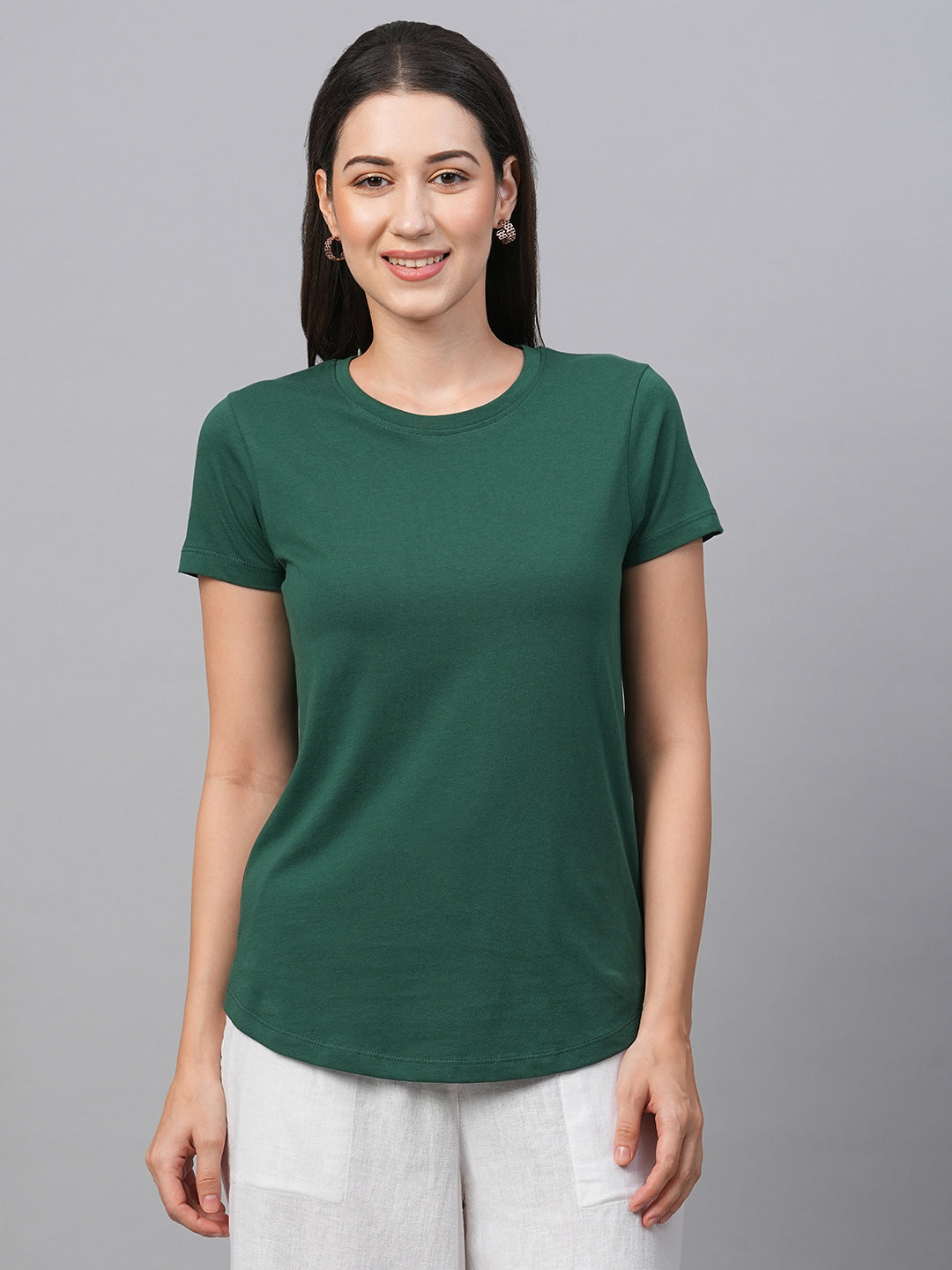 Women's Green Cotton Slim Fit Tshirt