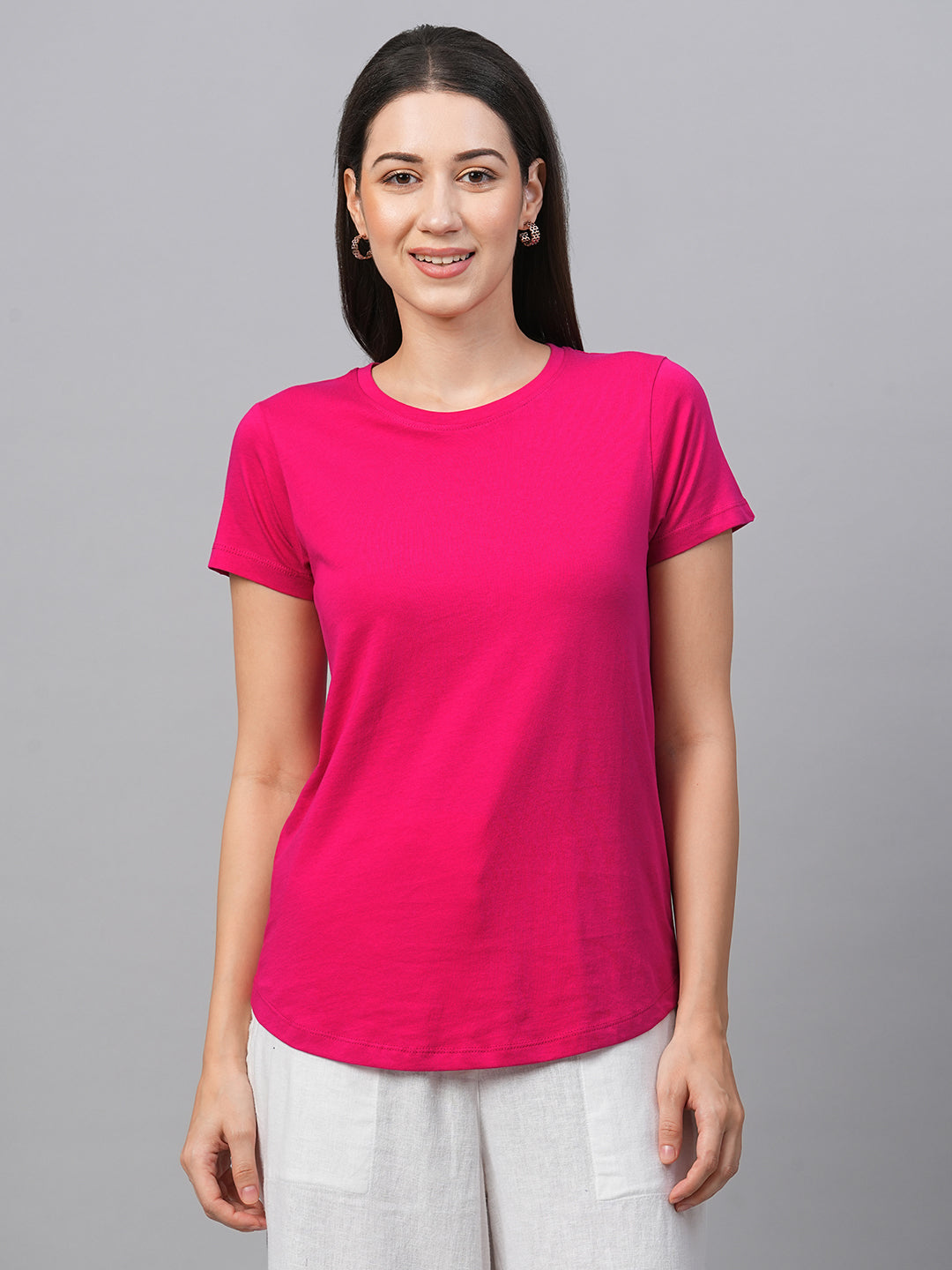 Women's Pink Cotton Slim Fit Tshirt