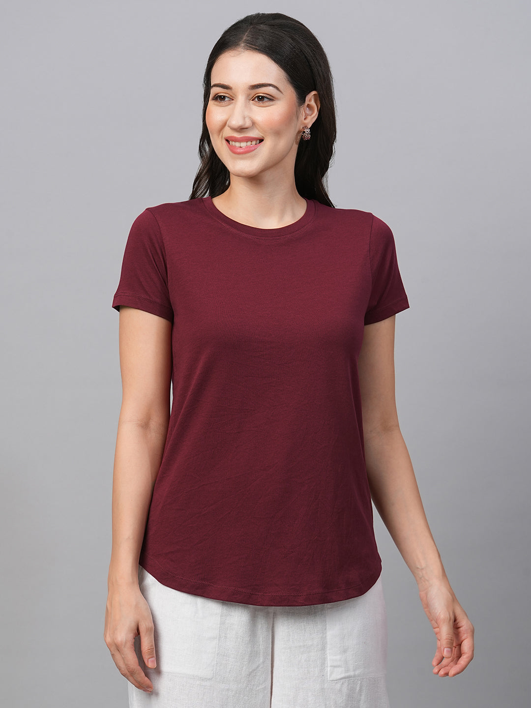 Women's Wine Cotton Regular Fit Tshirt