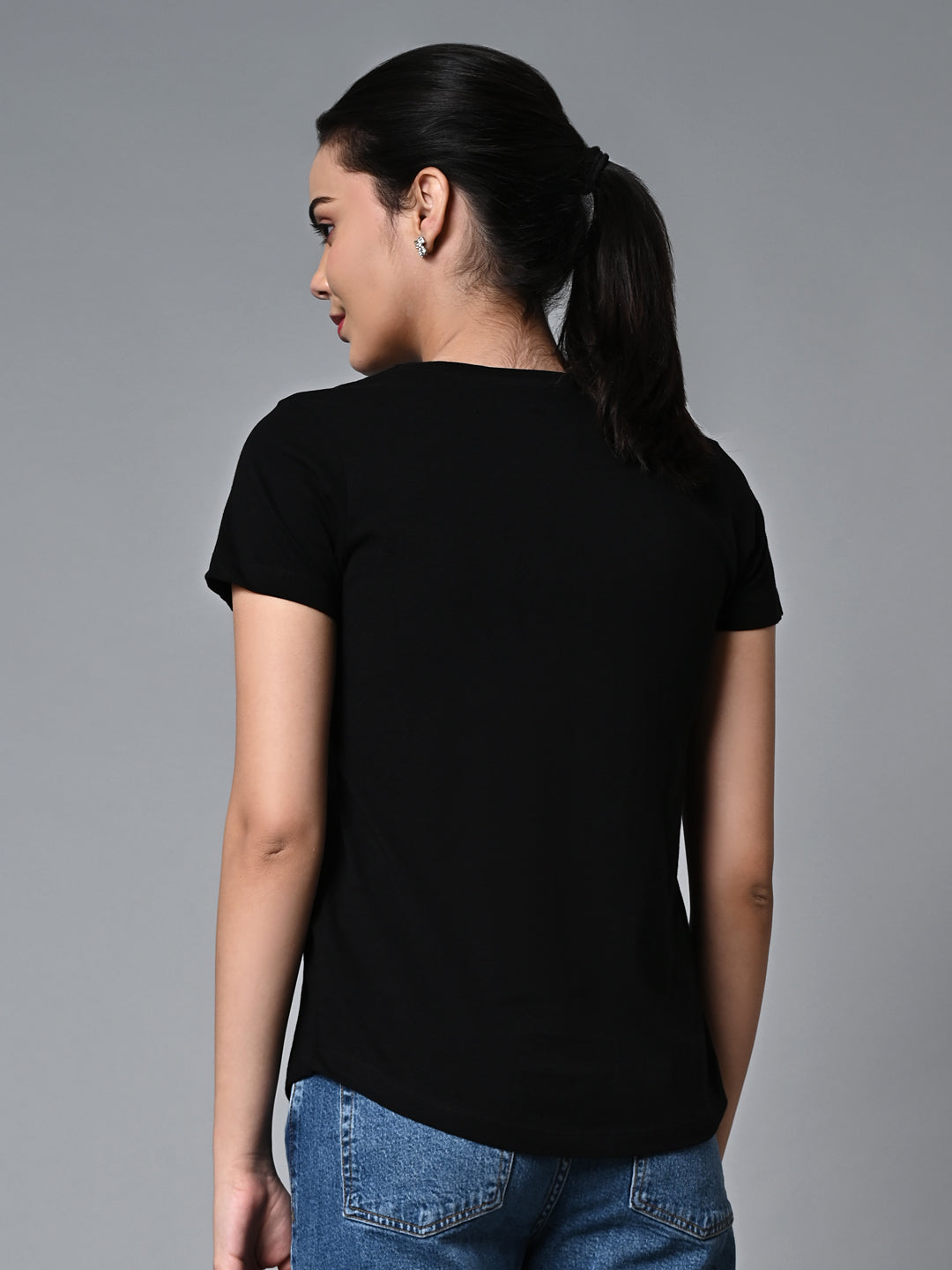 Women's Black Cotton Regular Fit Tshirt