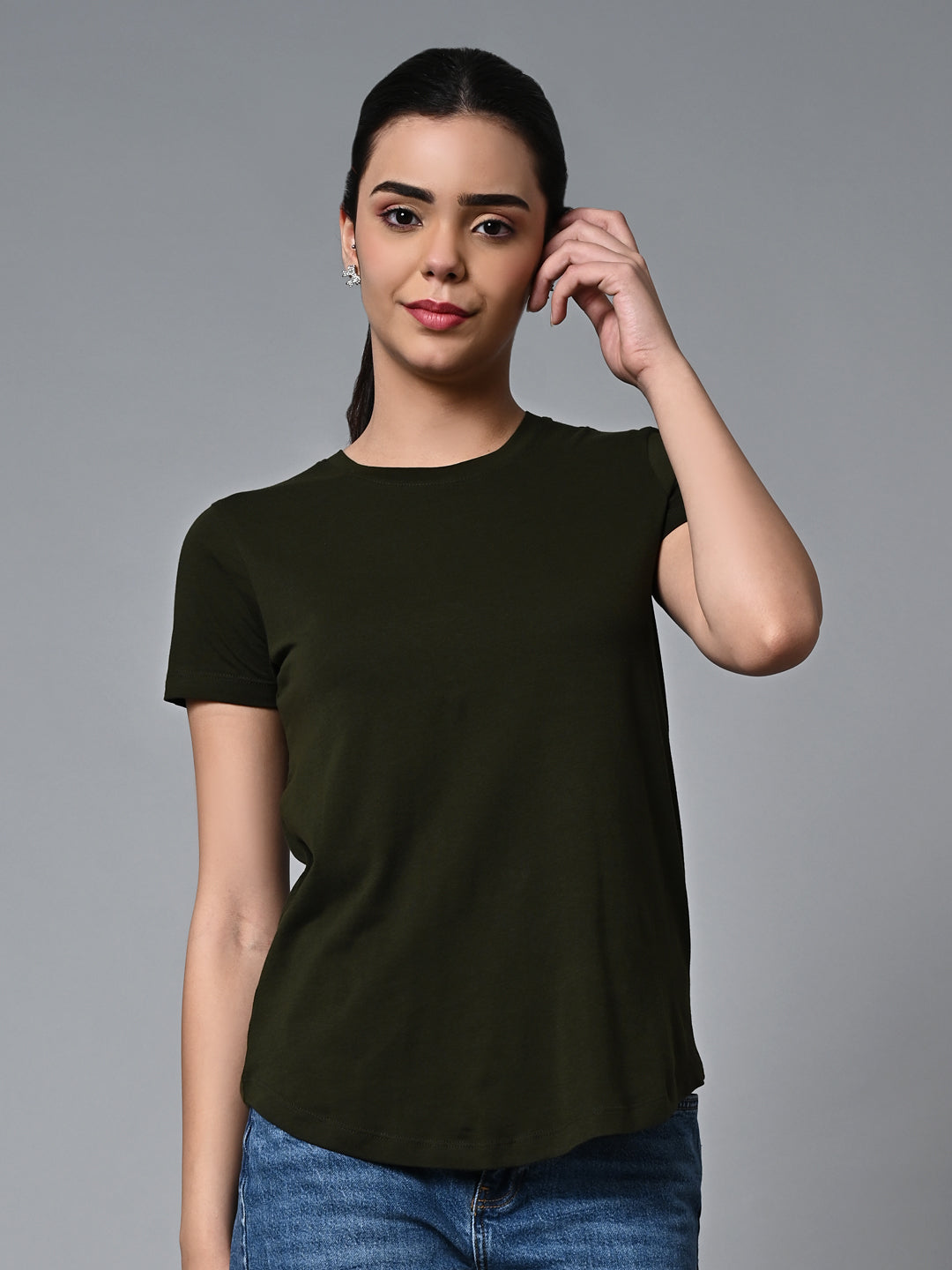 Women's Darkgreen Cotton Regular Fit Tshirt