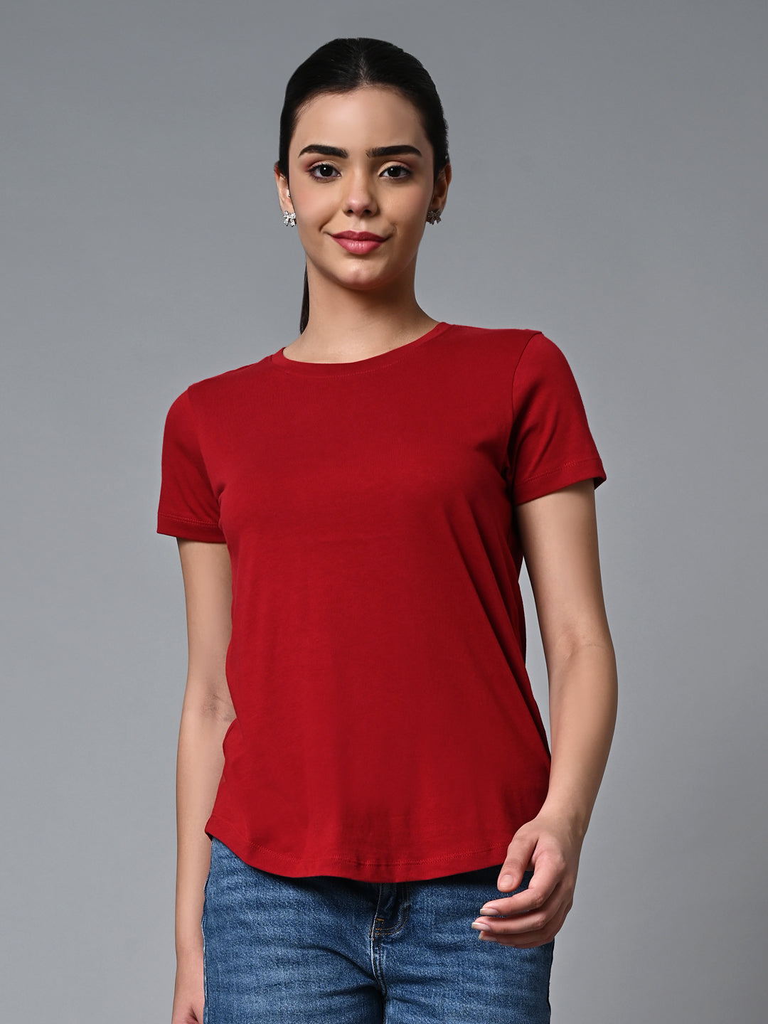 Women's Red Cotton Regular Fit Tshirt