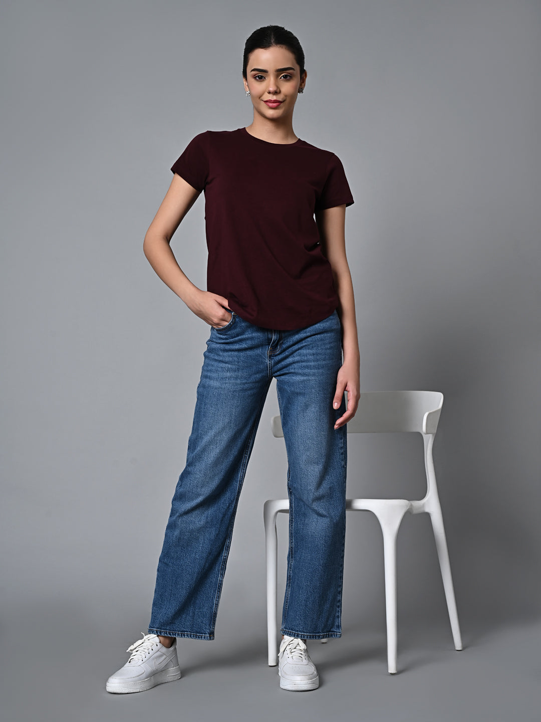 Women's Wine Cotton Regular Fit Tshirt