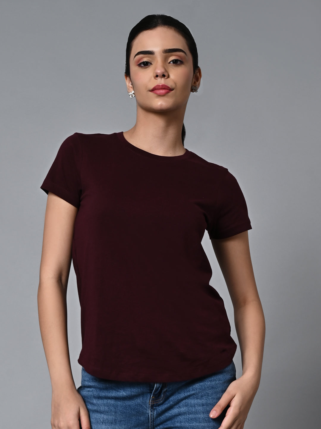 Women's Wine Cotton Regular Fit Tshirt