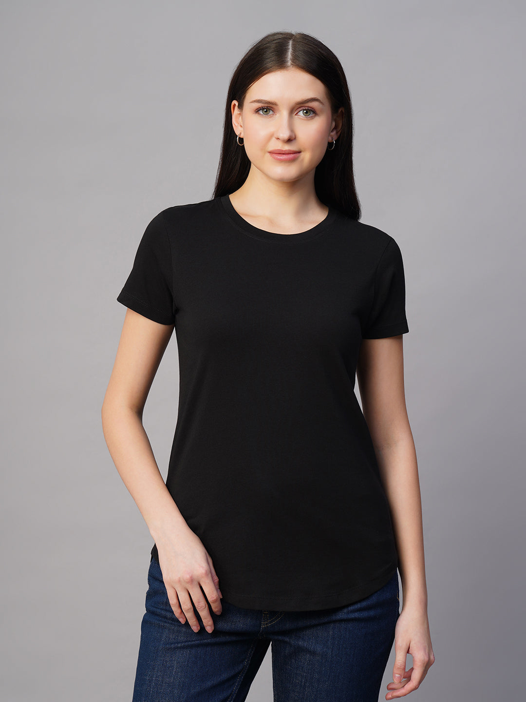 Women's Black 100% Cotton Regular Fit Tshirt