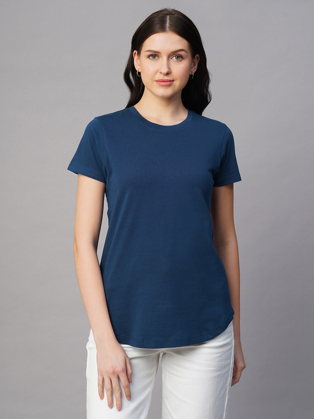 Women's Blue 100% Cotton Regular Fit Tshirt