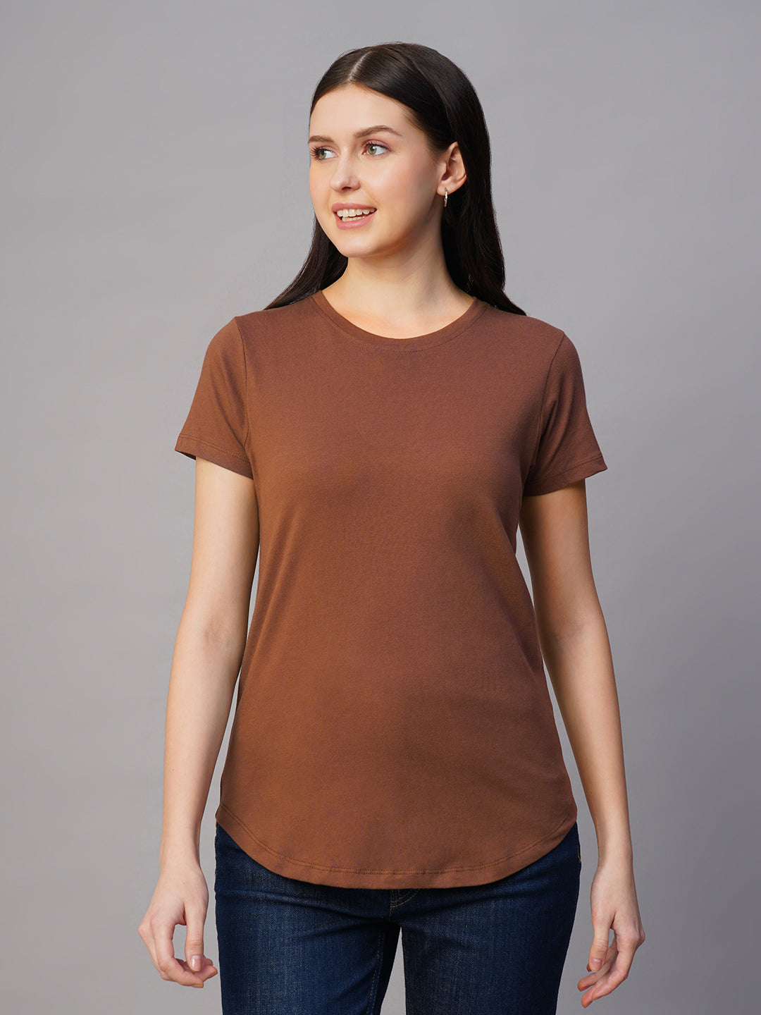 Women's Brown 100% Cotton Regular Fit Tshirt