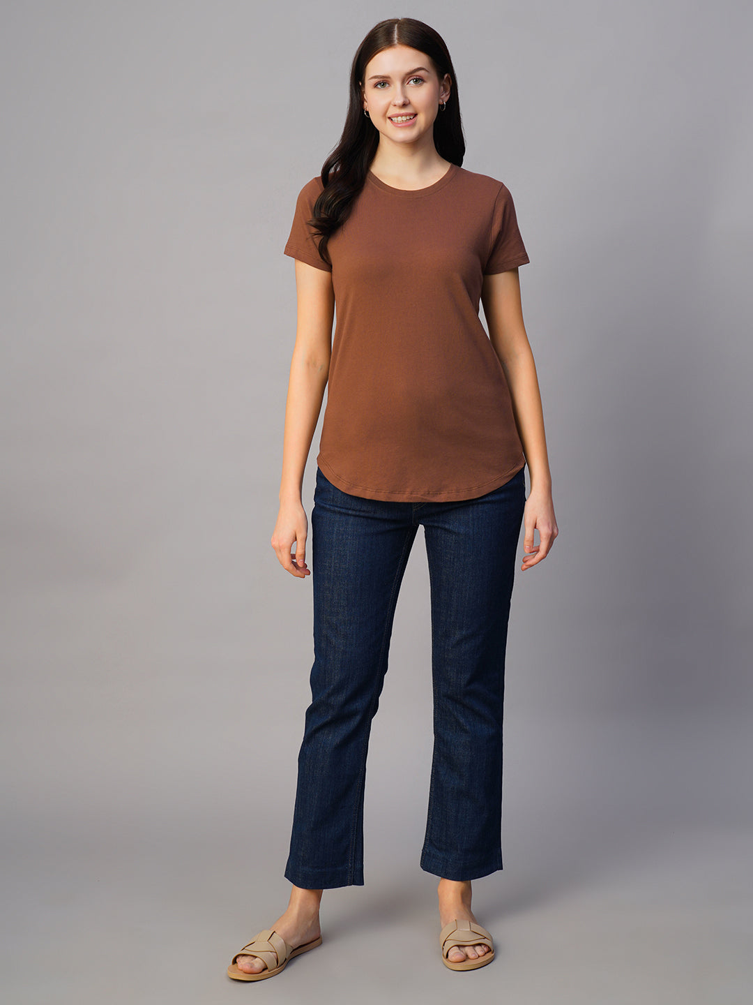 Women's Brown 100% Cotton Regular Fit Tshirt