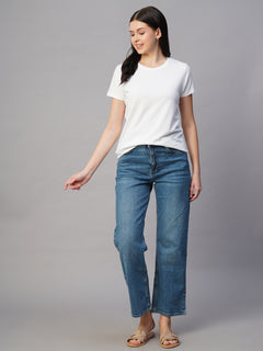 Women's 100% Cotton Regular Fit Basic Round Neck T Shirt White