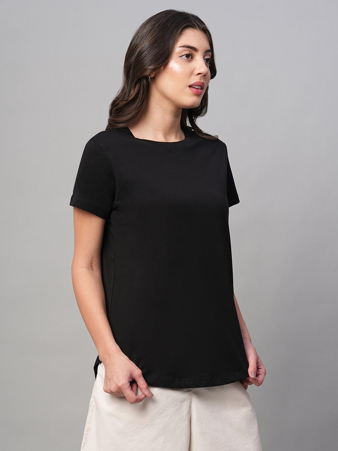 Women's Black 100% Cotton Regular Fit Tshirt