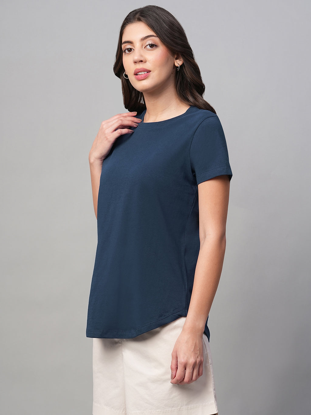 Women's Blue 100% Cotton Regular Fit Tshirt