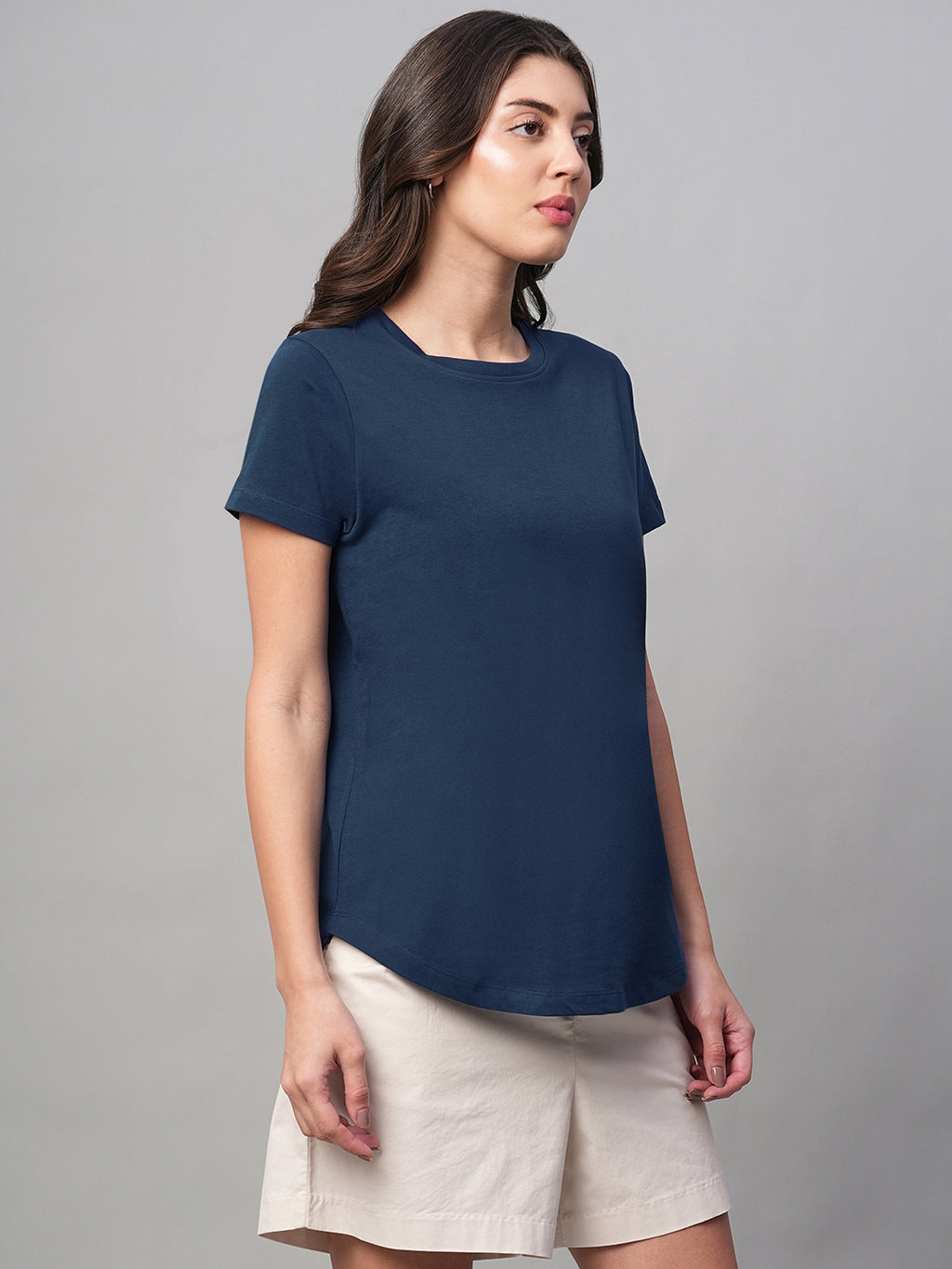 Women's Blue 100% Cotton Regular Fit Tshirt