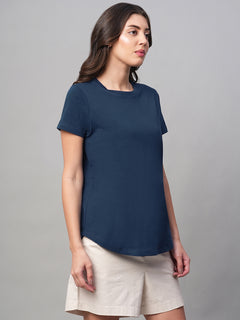 Women’s Cotton Regular Fit Curved Hem T-Shirt Blue