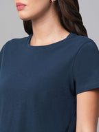 Women's Blue 100% Cotton Regular Fit Tshirt