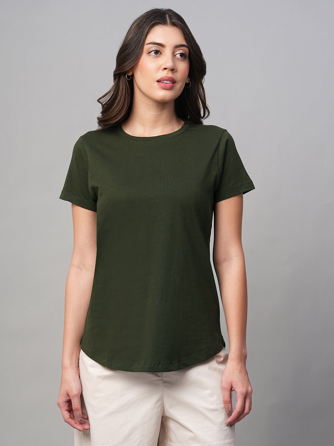 Women's Green 100% Cotton Regular Fit Tshirt