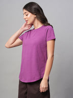 Women's Purple 100% Cotton Regular Fit Tshirt