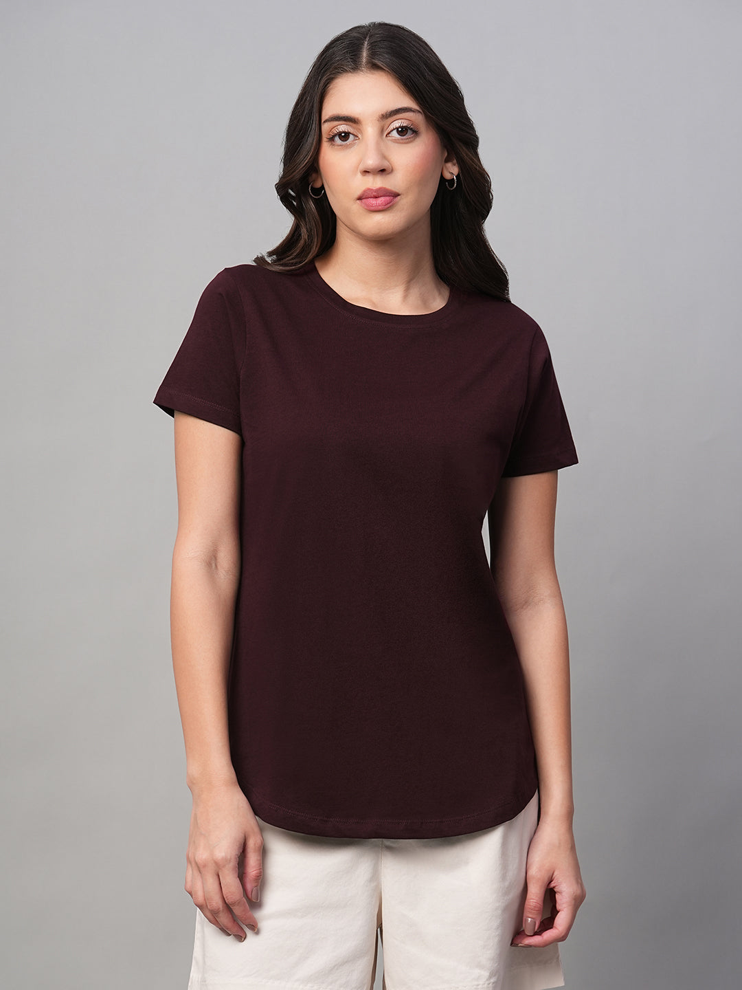 Women's Wine 100% Cotton Regular Fit Tshirt