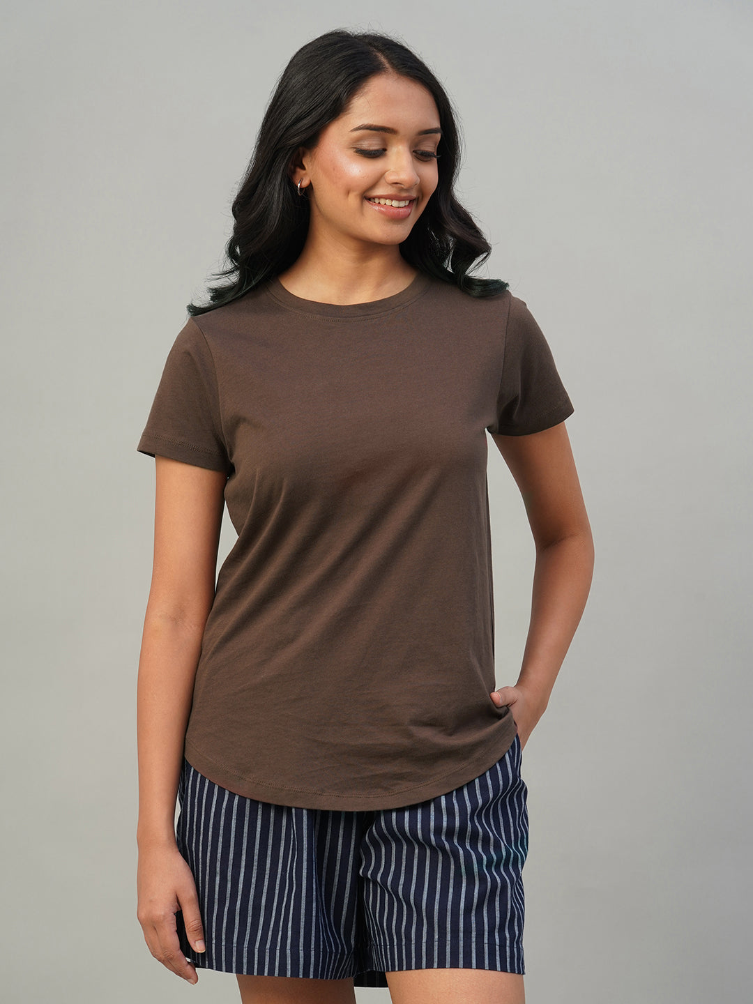 Women's Brown 100% Cotton Slim Fit Tshirt