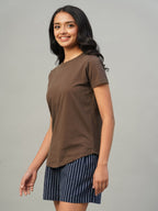 Women's Brown 100% Cotton Slim Fit Tshirt