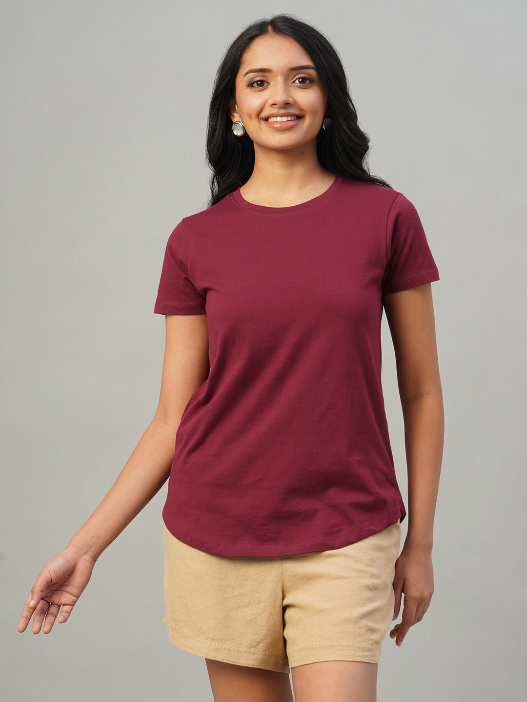 Women's Red 100% Cotton Slim Fit Tshirt
