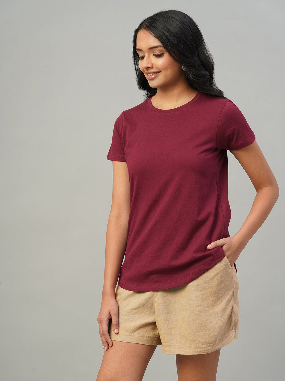 Women's Red 100% Cotton Slim Fit Tshirt
