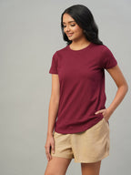 Women's Red 100% Cotton Slim Fit Tshirt