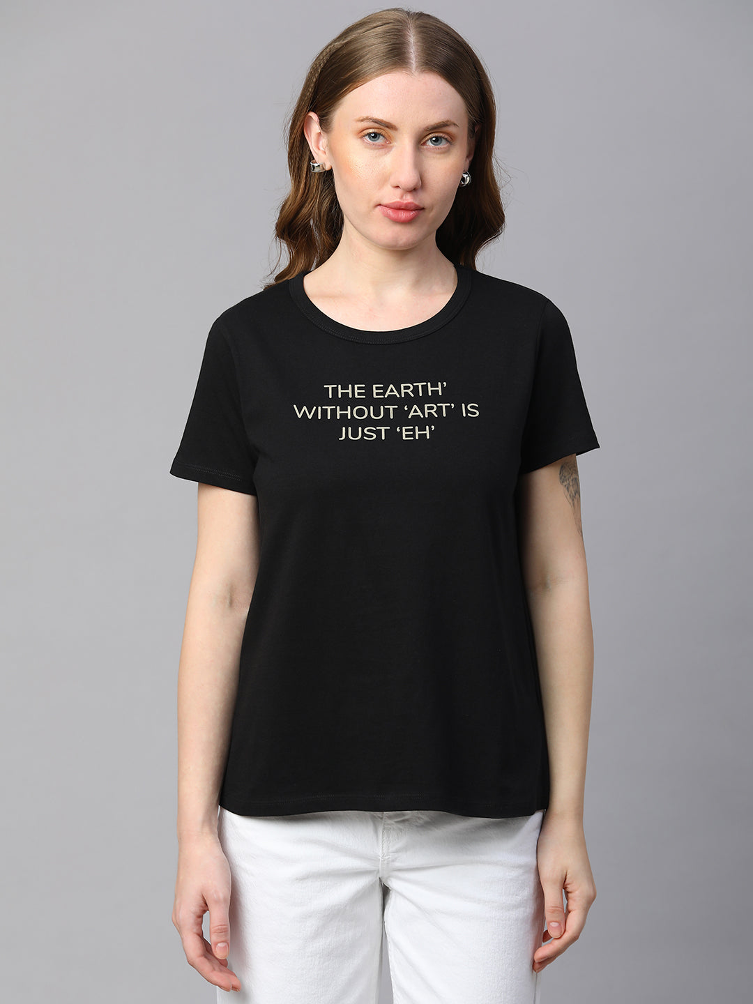 Women's Black Cotton Regular Fit Tshirt