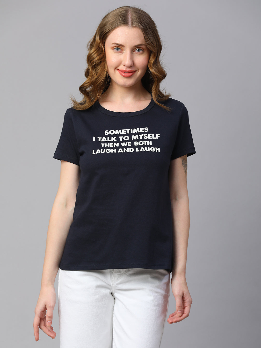 Women's Navy Cotton Regular Fit Tshirt